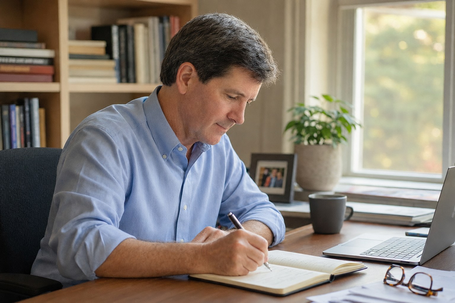 Author Rosser Newton writing at his desk